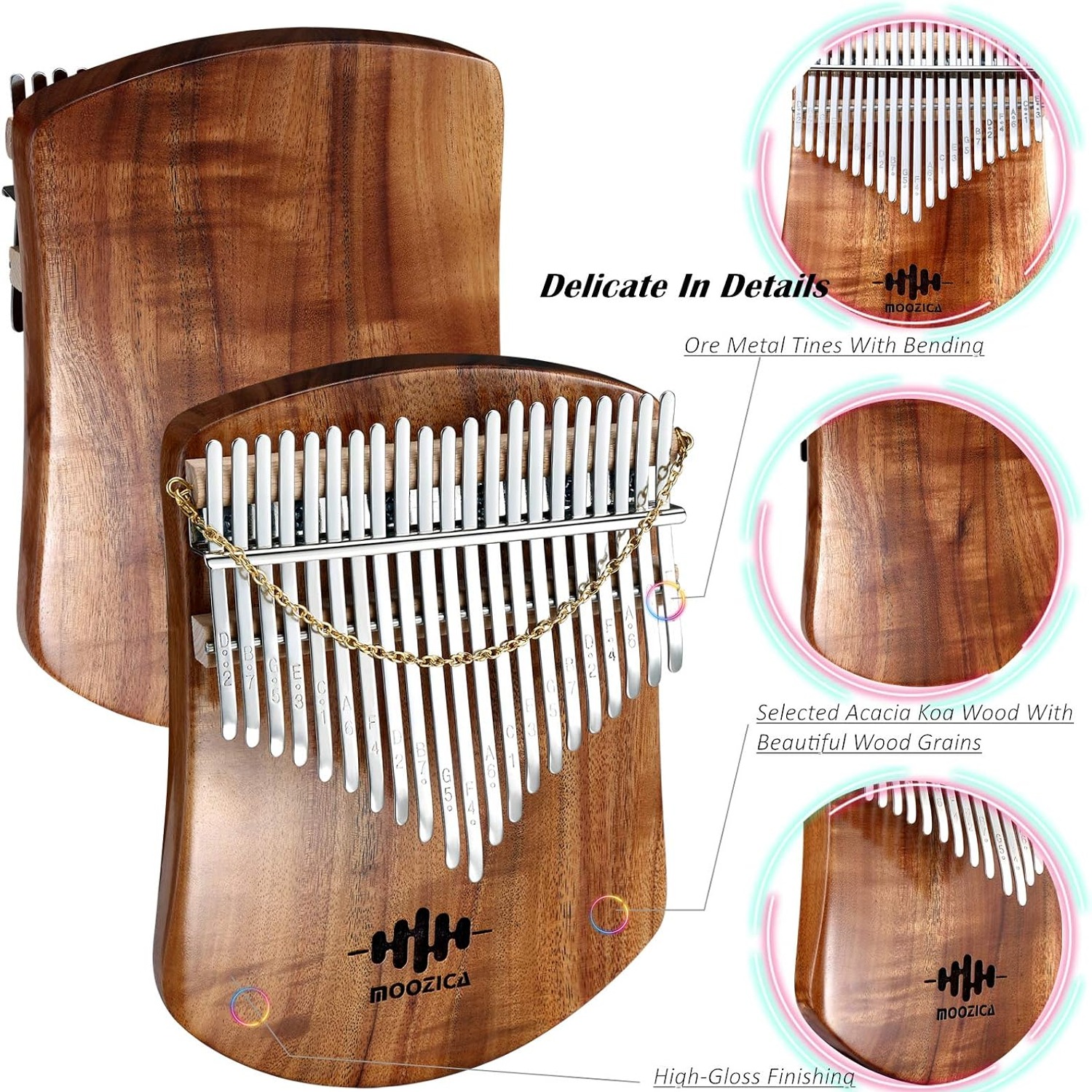 Moozica 21-Key Solid Koa Kalimba Thumb Piano, detail view
