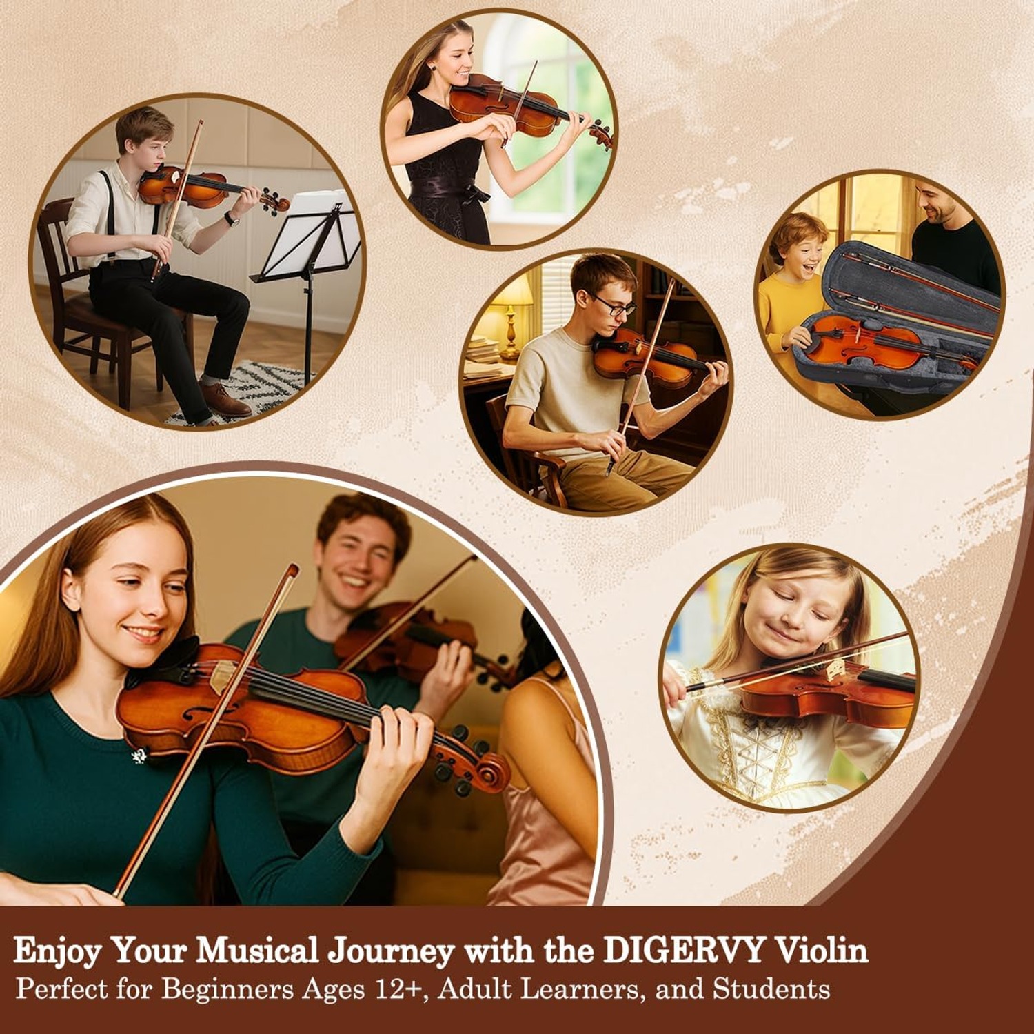 DIGERVY 4/4 Full Size Violin Kit with Case, Bow and Rosin: image 7